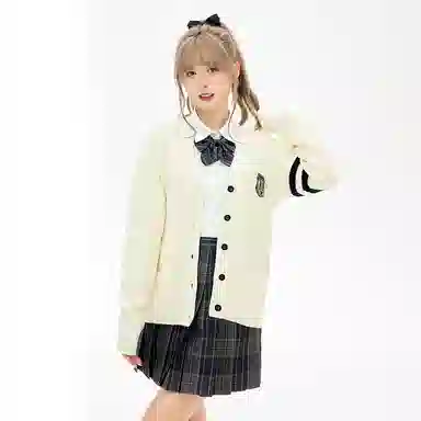 东鲸岁时记 撞色长袖针织开衫百褶格纹短裙制服套装 女款