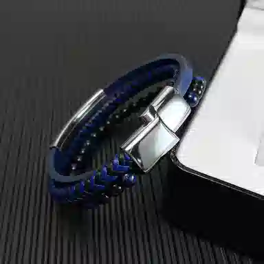 肯默钛钢嘻哈手链 朋克风手环 多层编织皮 简约磁吸开口 男款 蓝色