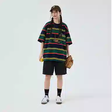 BENMYSHOWER Rainbow Stripe T-Shirt Navy