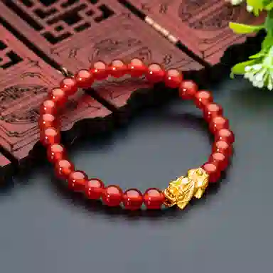 老庙 单貔貅转运珠红玛瑙串珠链 足金 一口价 黄金手串 女款