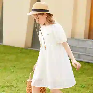 英氏 童装 泡泡袖暗纹绣花短袖连衣裙 女童 白色