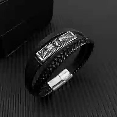 肯默 钛钢骷髅羽翼手链 朋克风手环 编织皮手镯 简约磁吸开口 男款