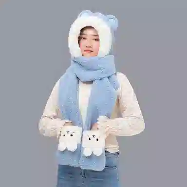 肯默 可爱兔子秋冬毛绒保暖拼色连帽三合一设计 绒线围巾 女款