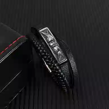 肯默 钛钢骷髅羽翼手链 朋克风手环 编织皮手镯 简约磁吸开口 男款