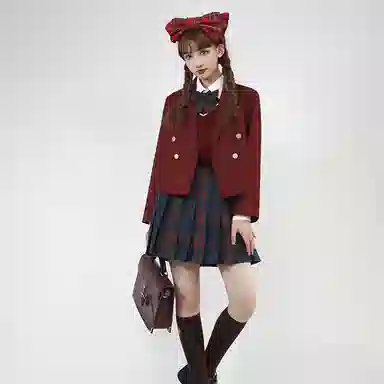 东鲸岁时记 经典学院风格纹百褶短款半身裙 圣诞红格