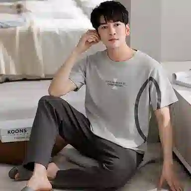 棉基因 纯棉短袖长裤睡衣 圆领家居服套装 春夏季 男款 灰色