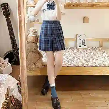 东鲸岁时记 日系复古制服格纹短款百搭学生百褶鲸落半身裙