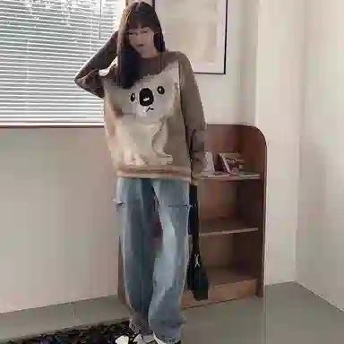 考拉图案圆领套头针织羊毛衫宽松毛衣 男女同款 棕色 送礼推荐