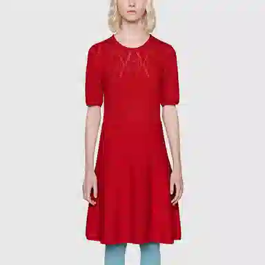 镂空羊毛短袖连衣裙 女款 红色