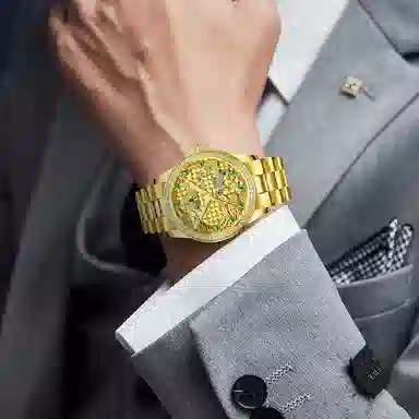 梦特娇 法国轻奢大品牌 男款商务手表 高端腕表 镶钻小金表 时尚休闲 礼袋礼盒 送人 学生 父亲 自动机械机芯 精钢表带 男女同款 金色表盘