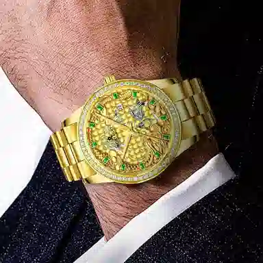 梦特娇 法国轻奢大品牌 男款商务手表 高端腕表 镶钻小金表 时尚休闲 礼袋礼盒 送人 学生 父亲 自动机械机芯 精钢表带 男女同款 金色表盘