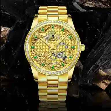 梦特娇 法国轻奢大品牌 男款商务手表 高端腕表 镶钻小金表 时尚休闲 礼袋礼盒 送人 学生 父亲 自动机械机芯 精钢表带 男女同款 金色表盘