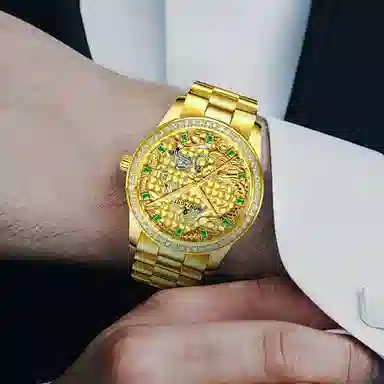 梦特娇 法国轻奢大品牌 男款商务手表 高端腕表 镶钻小金表 时尚休闲 礼袋礼盒 送人 学生 父亲 自动机械机芯 精钢表带 男女同款 金色表盘