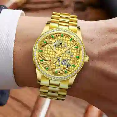 梦特娇 法国轻奢大品牌 男款商务手表 高端腕表 镶钻小金表 时尚休闲 礼袋礼盒 送人 学生 父亲 自动机械机芯 精钢表带 男女同款 金色表盘