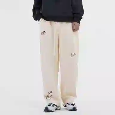 蜡笔小新 趣味卡通人物印花抽绳宽松直筒休闲裤 男女同款