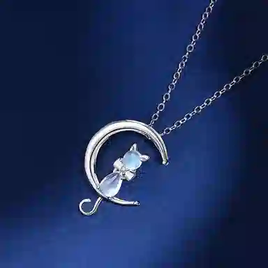 【可刻字写贺卡】 中国珠宝 月亮猫锁骨链 萌趣可爱 森系甜美小清新 让美好如期而至 和你度过的时光 温暖又美好 月光石 项链  女款