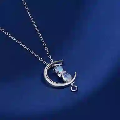 【可刻字写贺卡】 中国珠宝 月亮猫锁骨链 萌趣可爱 森系甜美小清新 让美好如期而至 和你度过的时光 温暖又美好 月光石 项链  女款