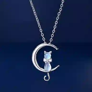 【可刻字写贺卡】 中国珠宝 月亮猫锁骨链 萌趣可爱 森系甜美小清新 让美好如期而至 和你度过的时光 温暖又美好 月光石 项链  女款