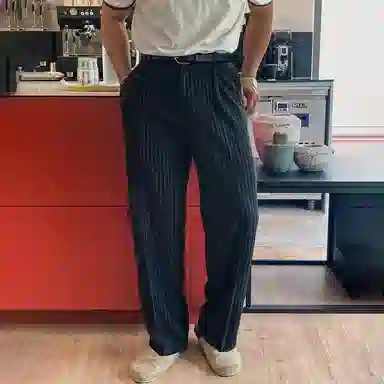 我是大卫 港风复古条纹直筒日常宽松慵懒百搭休闲裤 男女同款 深蓝色