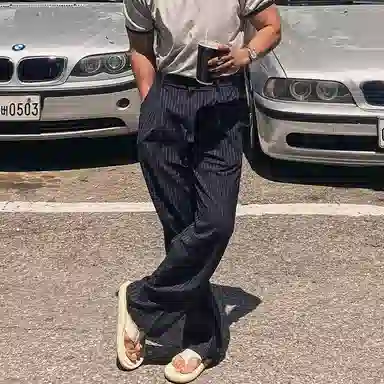 我是大卫 港风复古条纹直筒日常宽松慵懒百搭休闲裤 男女同款 深蓝色