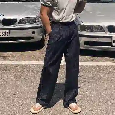 我是大卫 港风复古条纹直筒日常宽松慵懒百搭休闲裤 男女同款 深蓝色