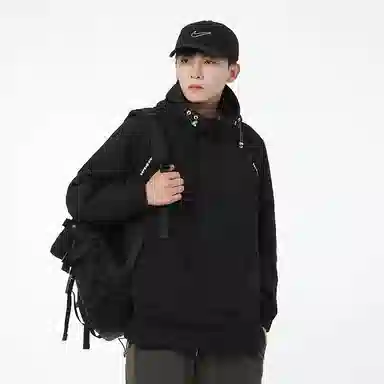 美式高街户外纯色宽松连帽套头袋鼠袋下摆防风弹力扣长袖夹克外套 男女同款