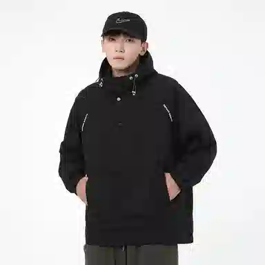 美式高街户外纯色宽松连帽套头袋鼠袋下摆防风弹力扣长袖夹克外套 男女同款