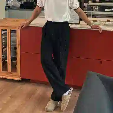 我是大卫 港风复古条纹直筒日常宽松慵懒百搭休闲裤 男女同款 深蓝色