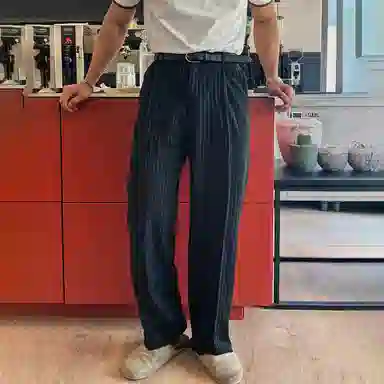 我是大卫 港风复古条纹直筒日常宽松慵懒百搭休闲裤 男女同款 深蓝色