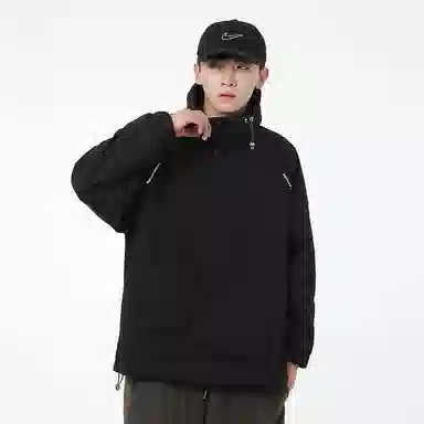 美式高街户外纯色宽松连帽套头袋鼠袋下摆防风弹力扣长袖夹克外套 男女同款