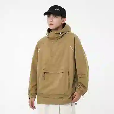美式高街户外纯色宽松连帽套头袋鼠袋下摆防风弹力扣长袖夹克外套 男女同款