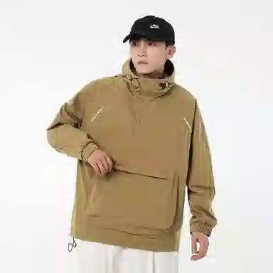 美式高街户外纯色宽松连帽套头袋鼠袋下摆防风弹力扣长袖夹克外套 男女同款