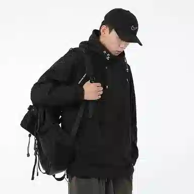 美式高街户外纯色宽松连帽套头袋鼠袋下摆防风弹力扣长袖夹克外套 男女同款