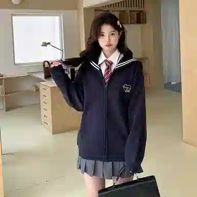 东鲸岁时记 海军领宽松拉链字母刺绣卫衣 男女同款 藏青色