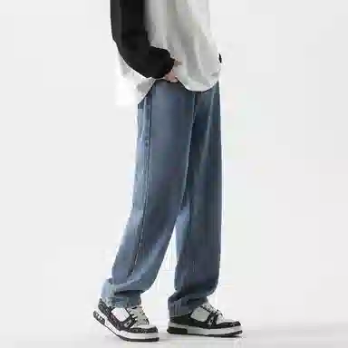 复古简约基础款做旧水洗宽松垂感直筒显瘦百搭牛仔裤 男女同款 中蓝色