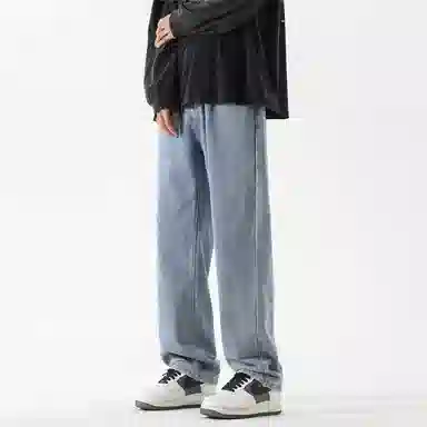 复古简约基础款做旧水洗宽松垂感直筒显瘦百搭牛仔裤 男女同款 中蓝色