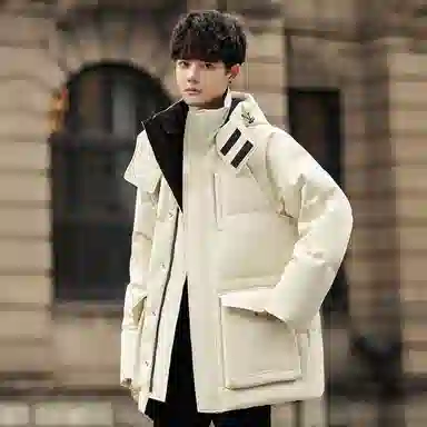 鸭鸭 短款纯色连帽拉链长袖羽绒服 男款