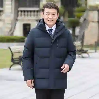 鸭鸭 中长款纯色连帽拉链长袖羽绒服 男款