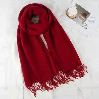 上海故事 秋冬日系奶油风气质保暖双面纯色外搭防寒时尚本命年 聚酯纤维 绒线围巾 女款