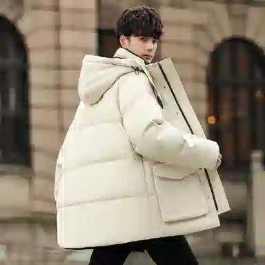 鸭鸭 短款纯色连帽拉链长袖羽绒服 男款