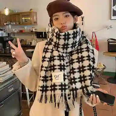 优幽兰 经典款格子针织加厚防风防寒保暖护脖子高级感韩系 绒线围巾 男女同款情侣款