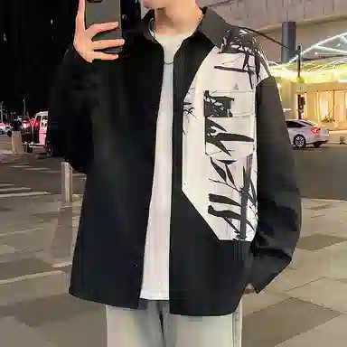 玉儿恋 新中式国风植物花卉拼接口袋休闲宽松百搭长袖衬衫 男女同款 水墨画