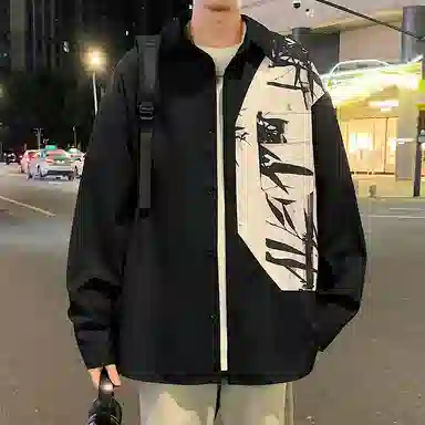 玉儿恋 新中式国风植物花卉拼接口袋休闲宽松百搭长袖衬衫 男女同款 水墨画