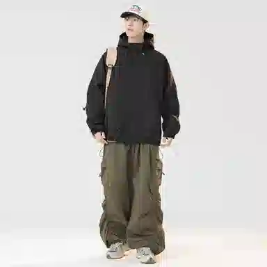 玉儿恋 山系户外连帽大拉链口袋防水双开拉链登山日系纯色宽松潮流百搭休闲机能风工装夹克外套 男女同款