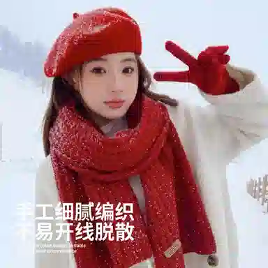 【元 旦新年红】 南极人 秋冬季韩系复古氛围感八角帽子红色围巾两件套显脸小保暖围脖百搭立体 羊毛 贝雷帽 女款