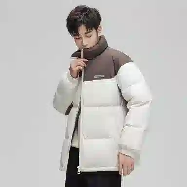 鸭鸭 青年时尚韩版休闲短款拆卸连帽外套纯色拼色户外加厚保暖面包羽绒服 通用 学生党好物