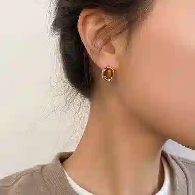 七度银饰 焦糖栗子美拉德几何氛围感复古耳饰 玻璃猫眼 耳钉 女款