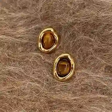 七度银饰 焦糖栗子美拉德几何氛围感复古耳饰 玻璃猫眼 耳钉 女款