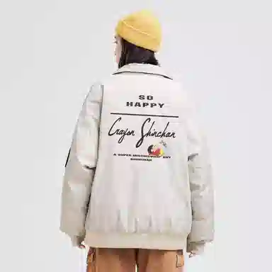 蜡笔小新 美式卡通人物像素字母印花袖袋袖徽休闲宽松加厚保暖翻领飞行员羽绒服 男女同款