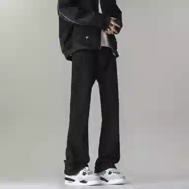 八哥 美式复古高街水洗做旧直筒宽松纯色牛仔裤 男女同款 黑灰色